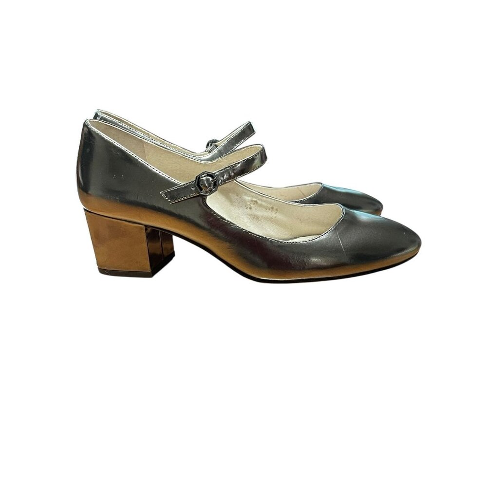 Metallic Silver Mary Jane Block Heel Pumps - Picture 9 of 12
